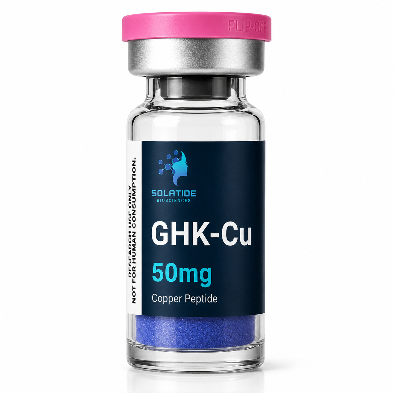 GHK-Cu 50mg copper peptide lyophilised powder vial – Solatide Biosciences research peptide, not for human consumption