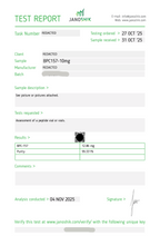 Test report for a pharmaceutical sample with details and results.