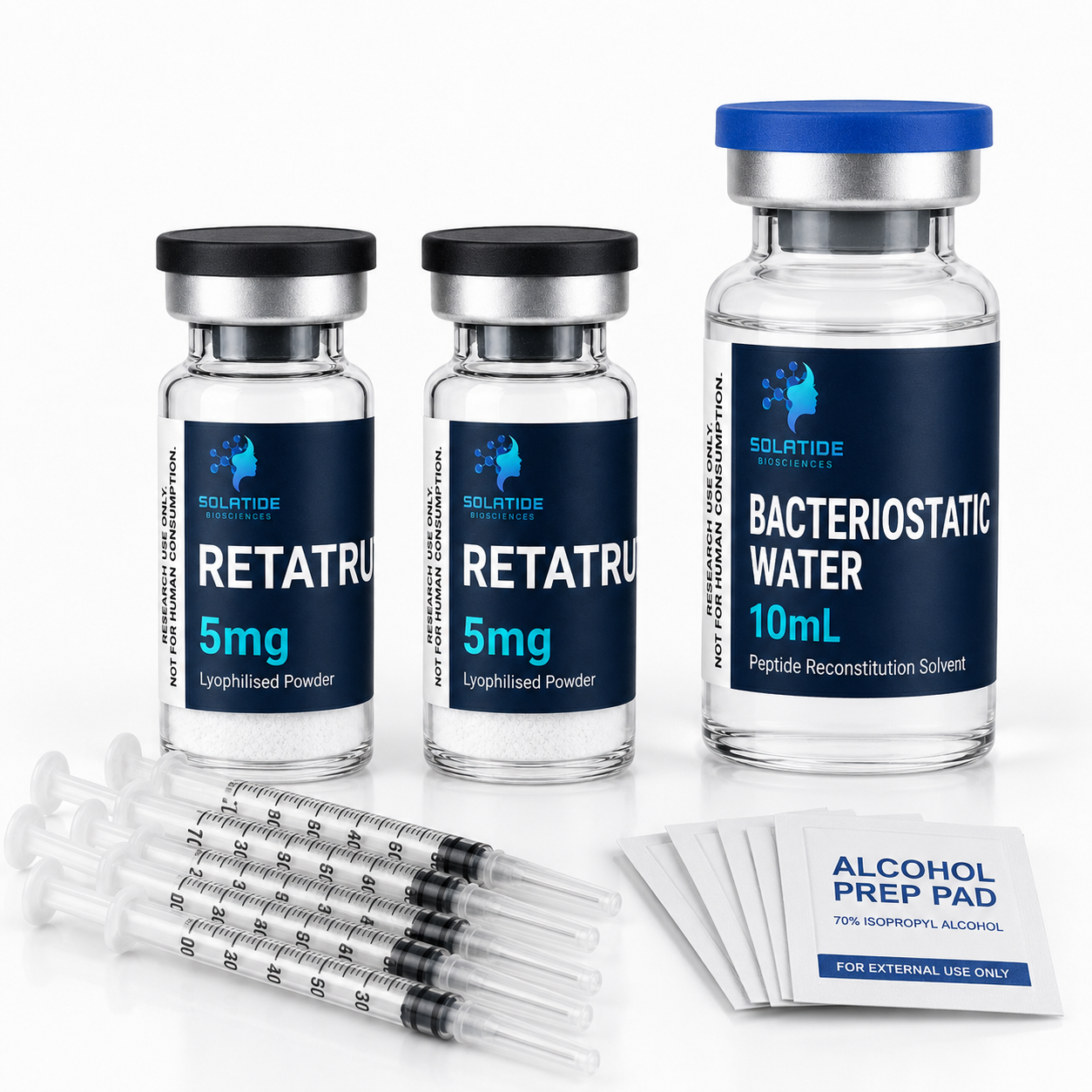 Retatrutide 5mg research peptide bundle – 2 vials and bacteriostatic water – Solatide Biosciences, not for human consumption